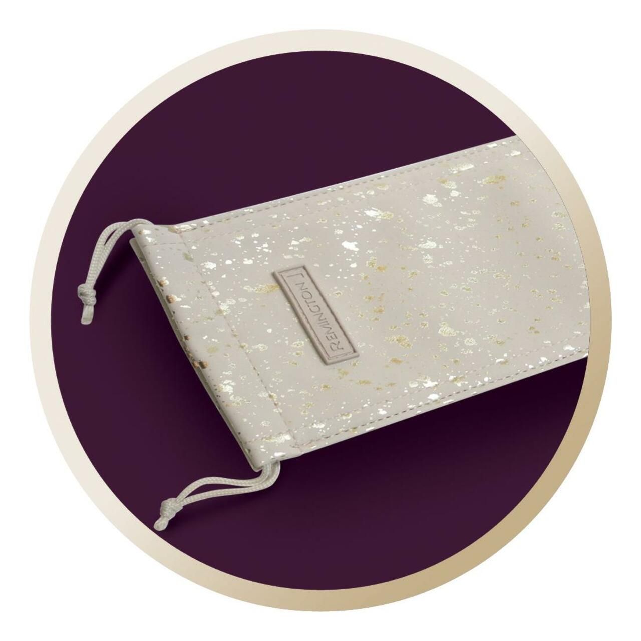 Beutel für den Lockenstab. Cremefarben mit goldenen Akzenten. Markenlogo.