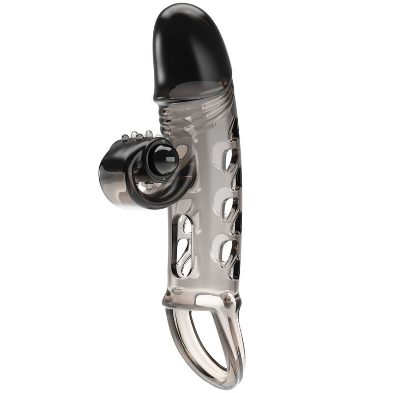 Penishülle mit Vibrationsfunktion, transparent mit schwarzen Elementen. Mit Ring und Öffnungen. Seitliche Ansicht.