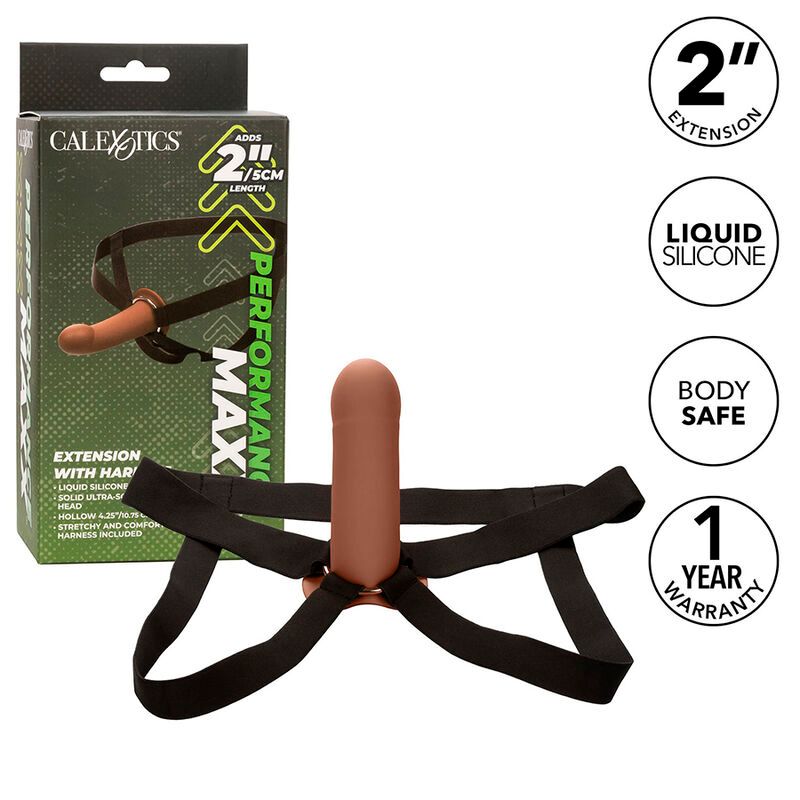 Harness-Penisverlängerung mit Verpackung. Marke Calexotics. 2" Verlängerung. Schwarzer Harness, brauner Aufsatz. Liquid Silicone, Body Safe, 1 Jahr Garantie.