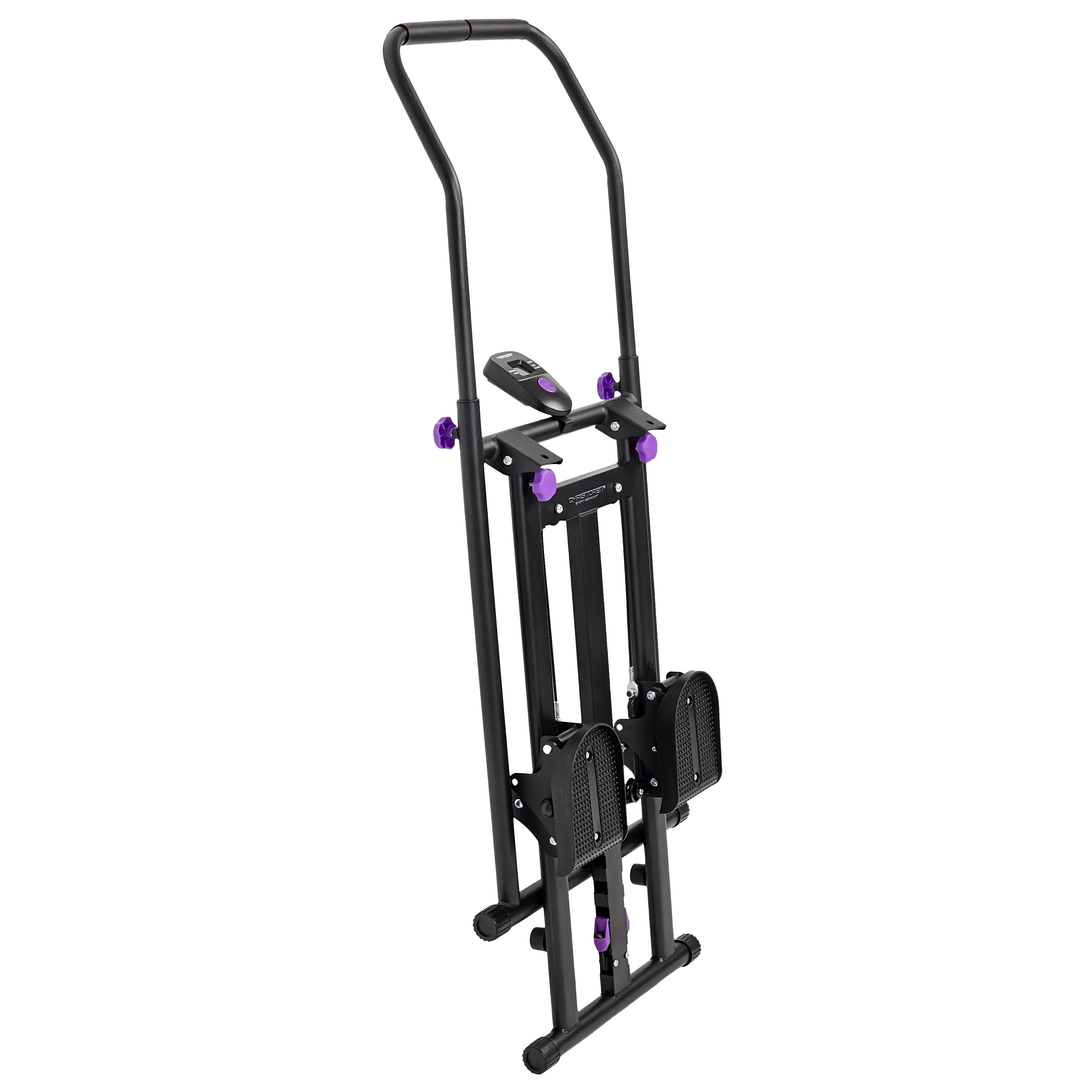 Crosstrainer Climber 1000. Schwarzer Rahmen, lila Akzente. Griffe, Pedale, digitales Display. Vertikale Ansicht.
