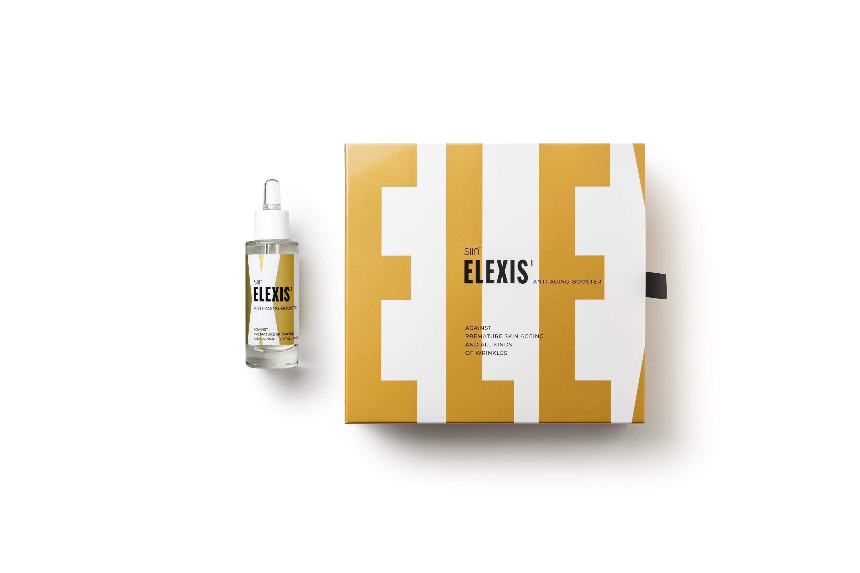 Verpackung und Flasche. Aufschrift: ELEXIS. Gelbes und weißes Design.