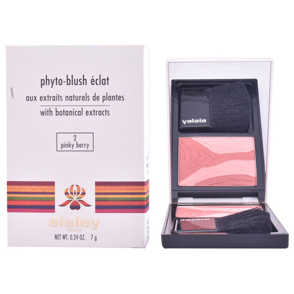 Blush-Puder mit Pinsel und Spiegel. Verpackung mit Produktnamen und Inhaltsangaben. Farbton: Pinky Berry.