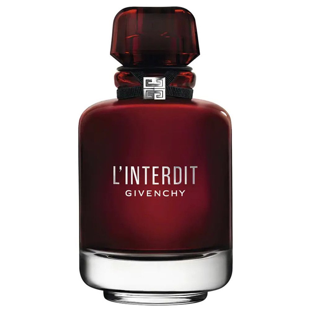 Roter Flakon. Aufschrift: L'Interdit Givenchy. Schwarzes Band mit silbernem Logo. Transparenter Verschluss. Silberner Sockel.
