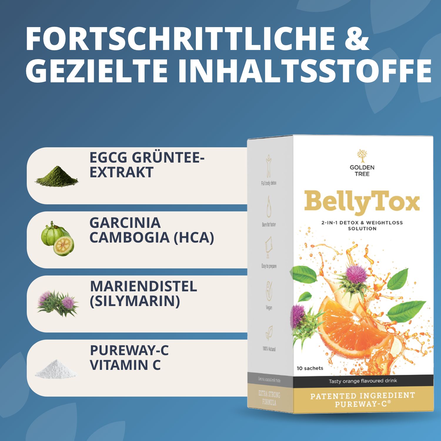 Golden Tree BellyTox Karton mit Orangen- und Distelmotiv, 10 Beutel.