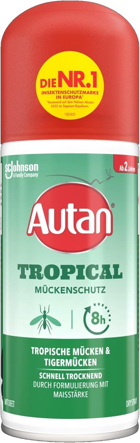 Autan Tropical Mückenschutz Dry Spray. Rote und grüne Dose. Text: Tropical, Mückenschutz, 8h Schutz, schnell trocknend.