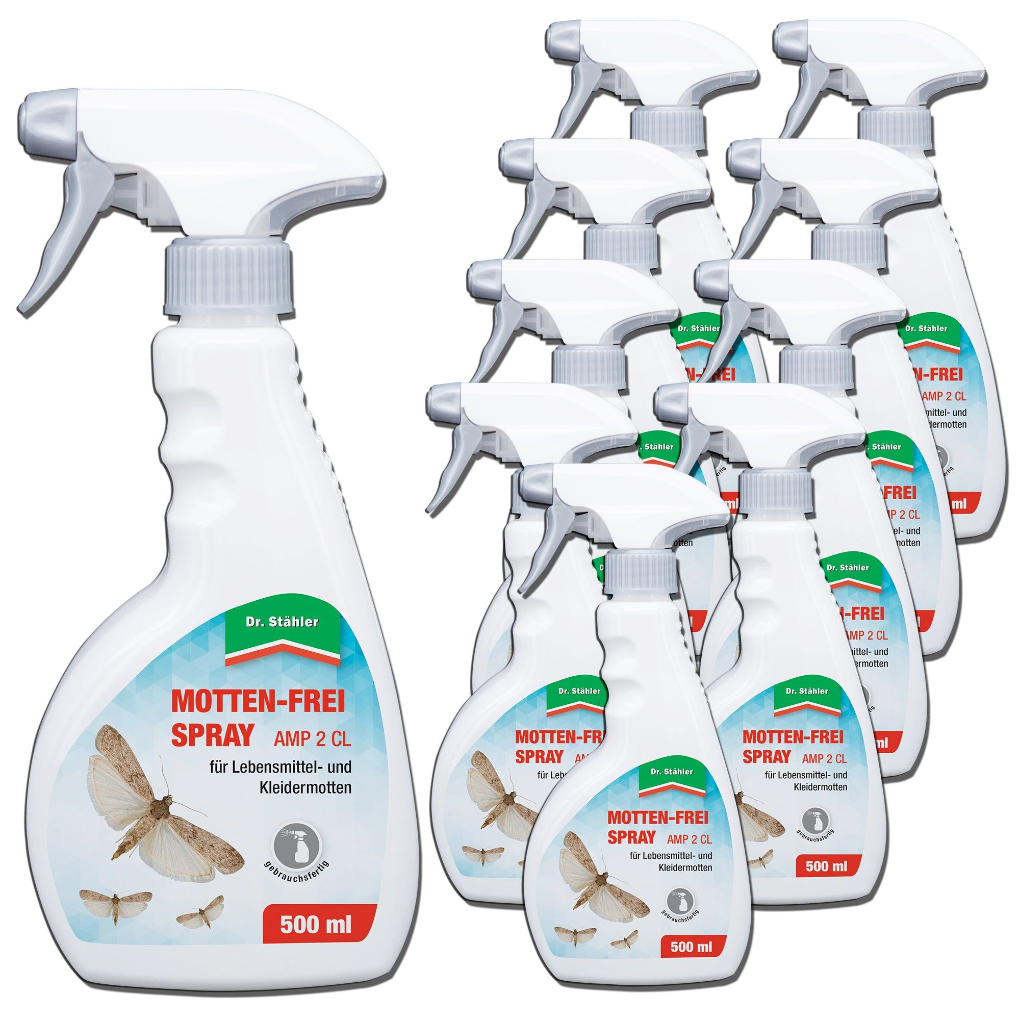 Mehrere weiße Sprühflaschen mit grauem Sprühkopf. Aufschrift: MOTTEN-FREI SPRAY. Abbildung von Motten. Volumen: 500 ml.