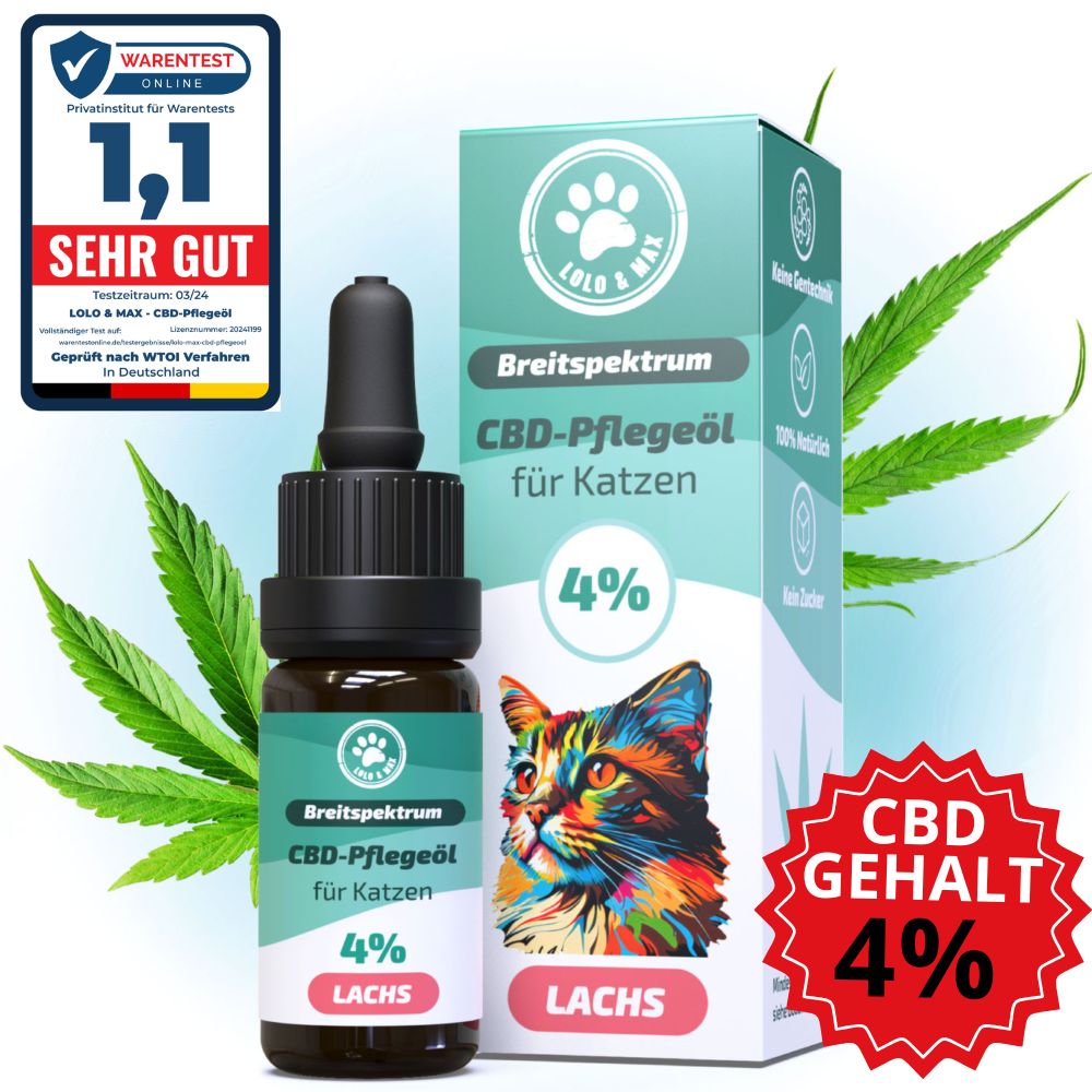 Flasche und Verpackung CBD-Öl. Text: Breitband, 4% CBD-Gehalt. Siegel: Sehr gut, geprüft von Warentest Online.