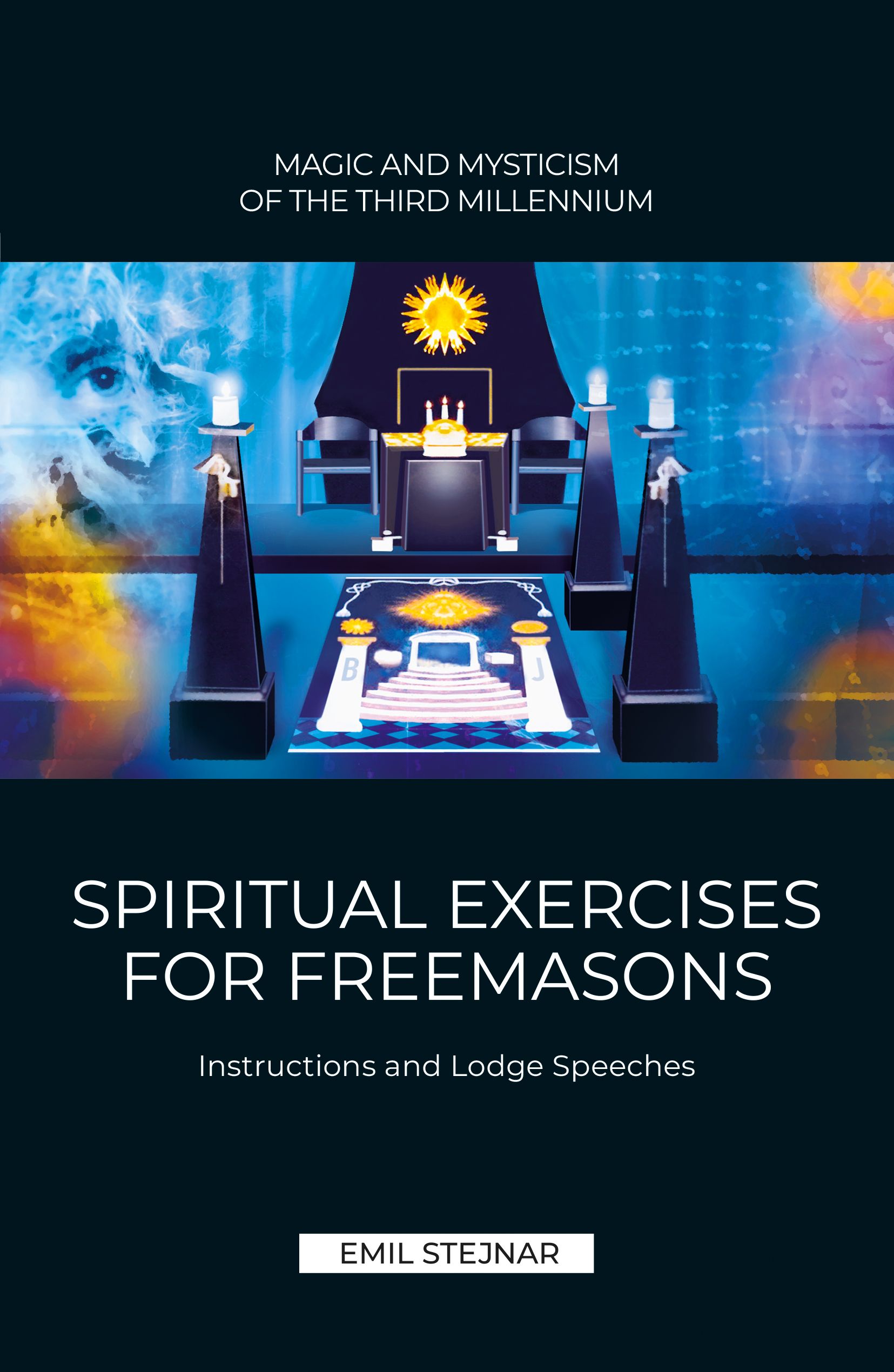 Buchcover mit Titel SPIRITUAL EXERCISES FOR FREEMASONS. Autor: Emil Stejnar. Hintergrund: Darstellung eines Tempels mit Symbolen.