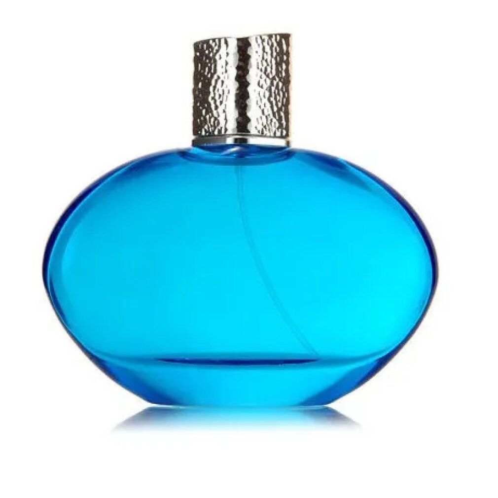 Blauer, ovaler Flakon mit silberfarbenem Deckel. Parfümflasche.