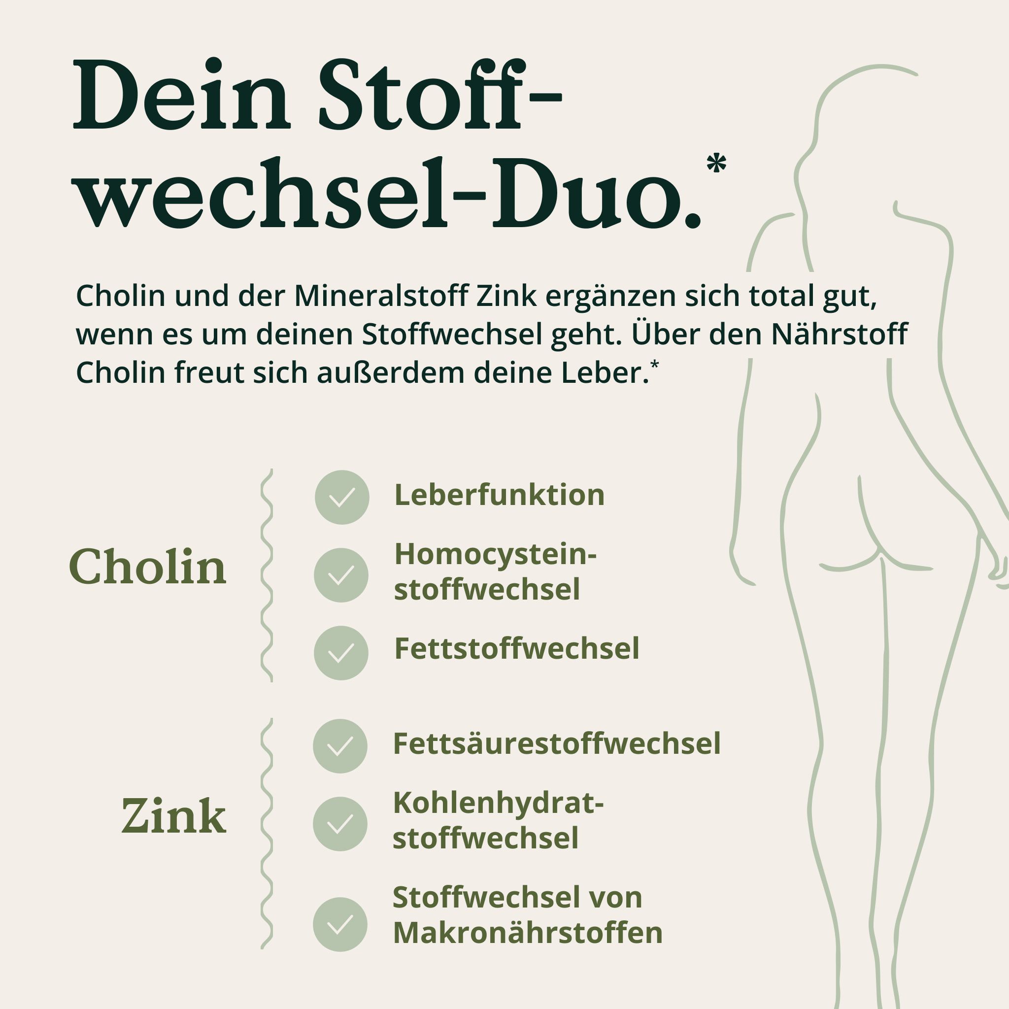 Infografik mit Text und einer stilisierten Frau. Text: Dein Stoffwechsel-Duo. Cholin und Zink für den Stoffwechsel.