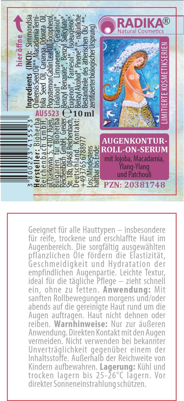 Rückseite der Roll-on-Serum-Verpackung. Enthält Text über Inhaltsstoffe, Anwendung und Warnhinweise. Mit Text: AUGENKONTUR-ROLL-ON-SERUM.