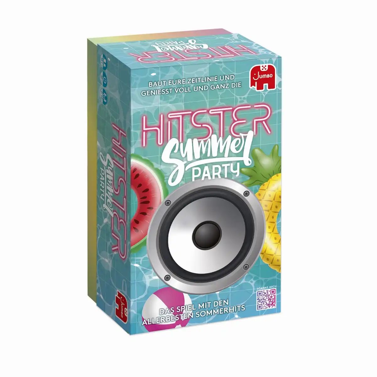Kartonverpackung mit "Hitster Summer Party"-Logo, Wassermelone, Ananas und Lautsprecher-Design. Jumbo-Logo. Text: "Das Spiel mit den allerbesten Sommerhits".