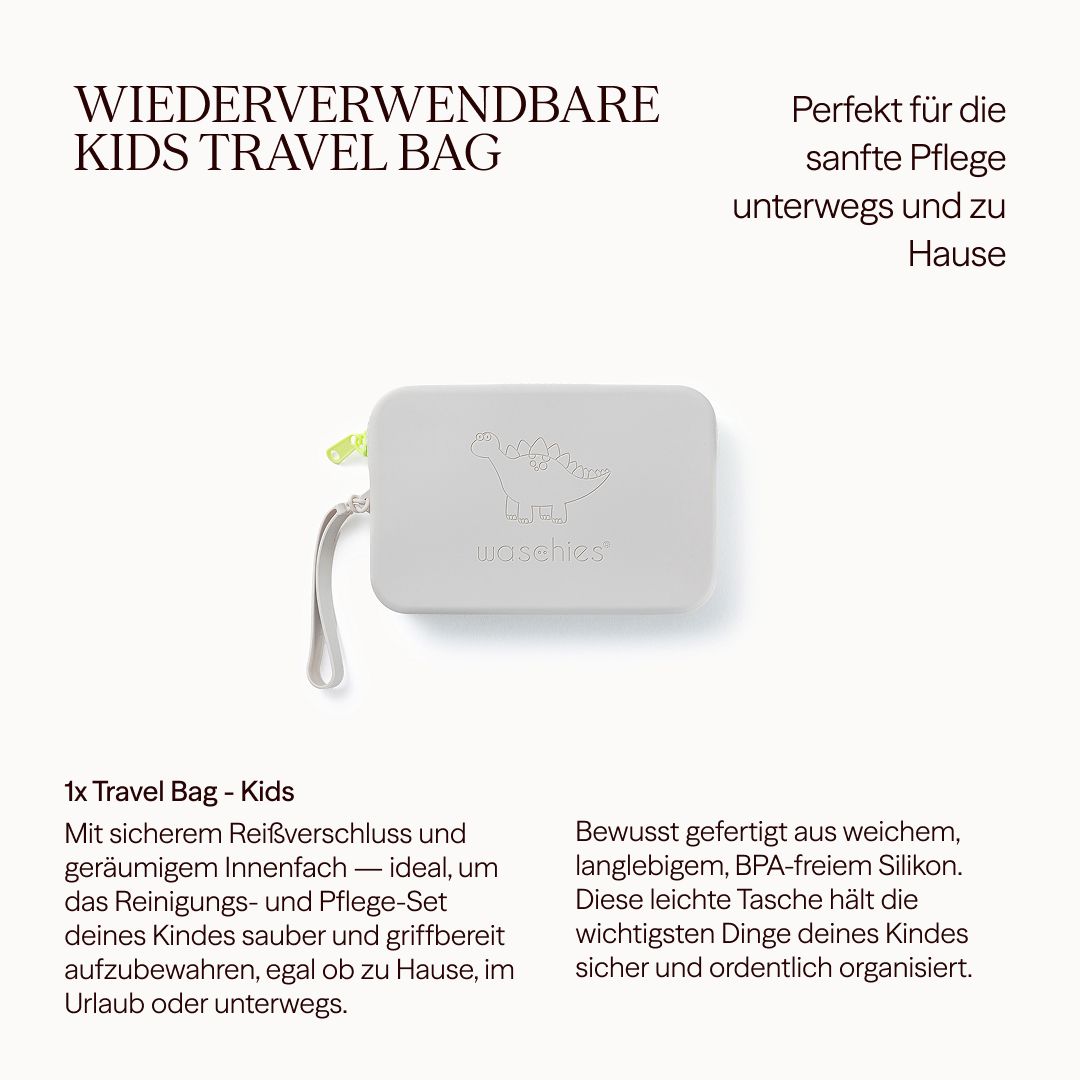 Graue Tasche mit Dinosaurier-Motiv, Reißverschluss und Griff. Text: "Kids Travel Bag".