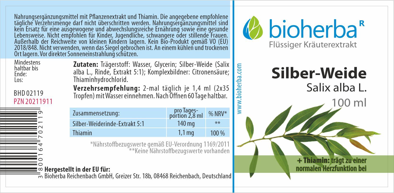 Braune Glasflasche mit schwarzem Deckel. Etikett mit Produktname, Logo und Inhaltsangaben. Enthält Silber-Weide Salix alba L. 100 ml.