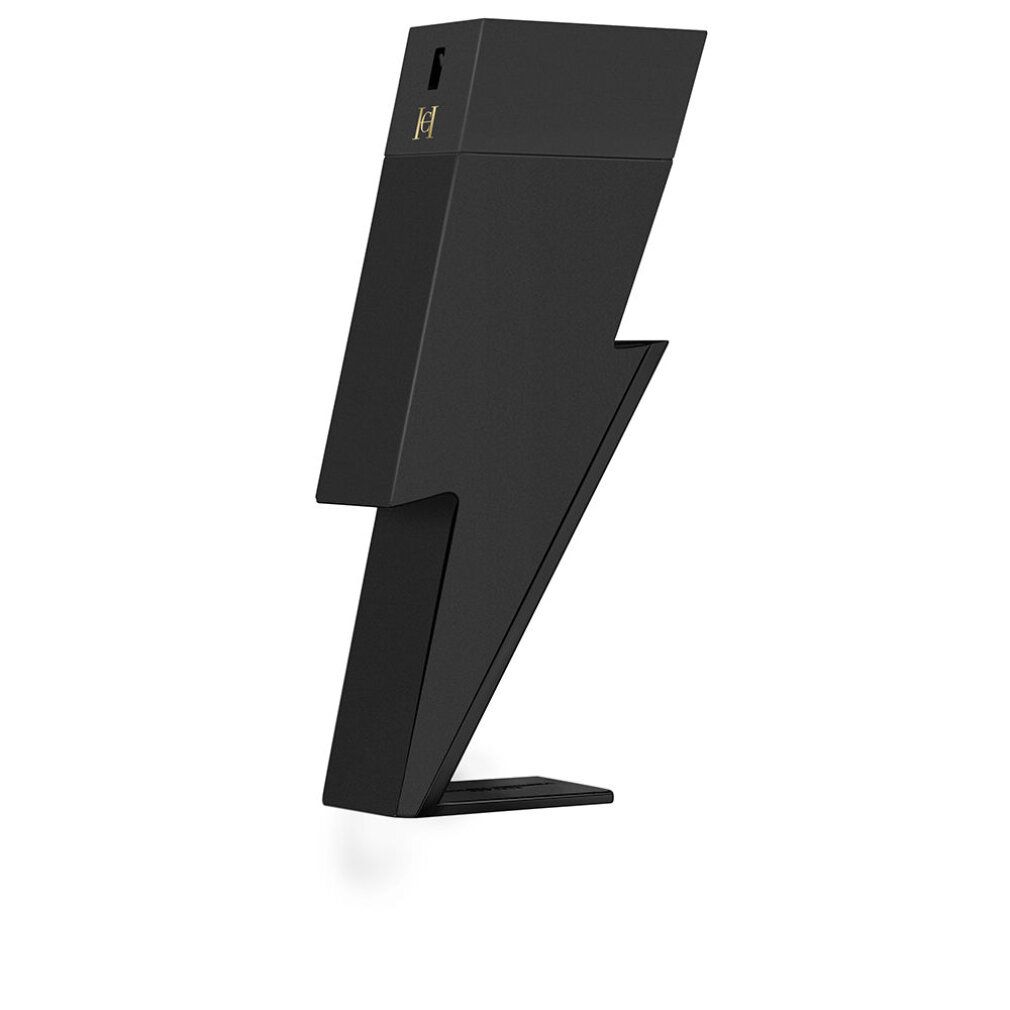 Schwarzer Flakon in Blitzform. Auf einer Seite ein goldenes Logo.