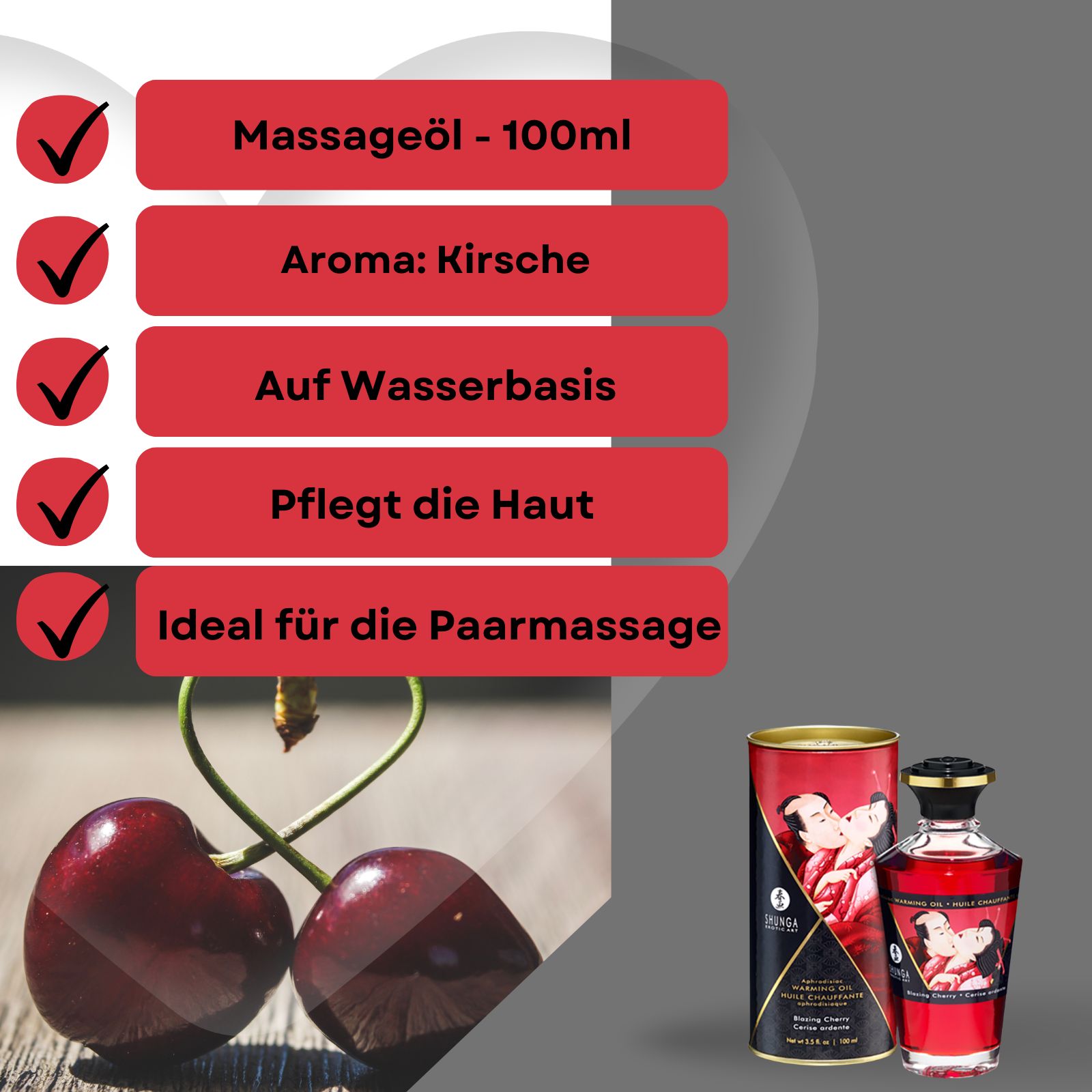Kirschen und Massageöl-Flasche mit Verpackung. Aufschrift: Massageöl, Aroma: Kirsche, Auf Wasserbasis, Pflegt die Haut, Ideal für die Paarmassage.