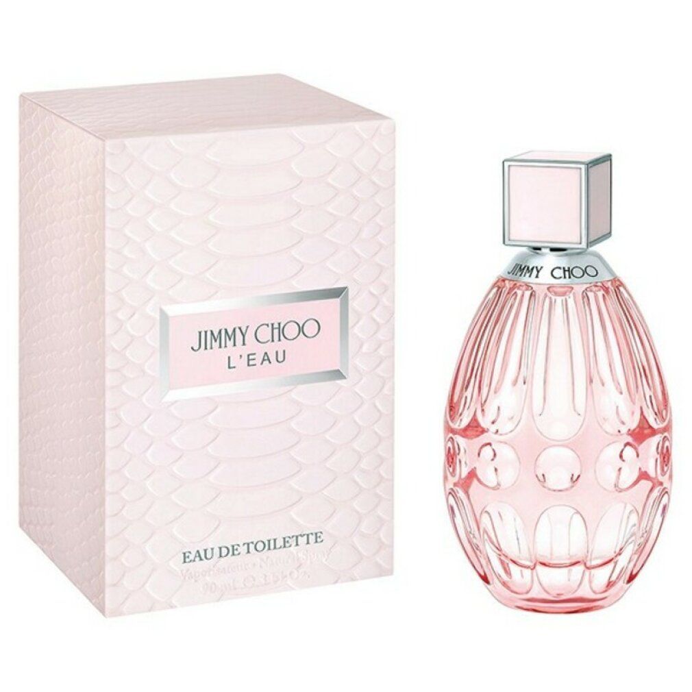 Jimmy Choo L'Eau Eau de Toilette, Flakon und Verpackung. Rosa Flakon, weiße Schachtel mit Logo.