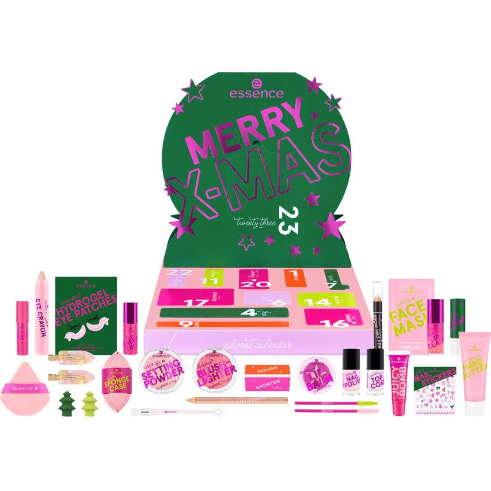 Adventskalender mit Kosmetikprodukten. Grün-rosa Design mit 'Merry X-Mas' Schriftzug. 23 Türchen.
