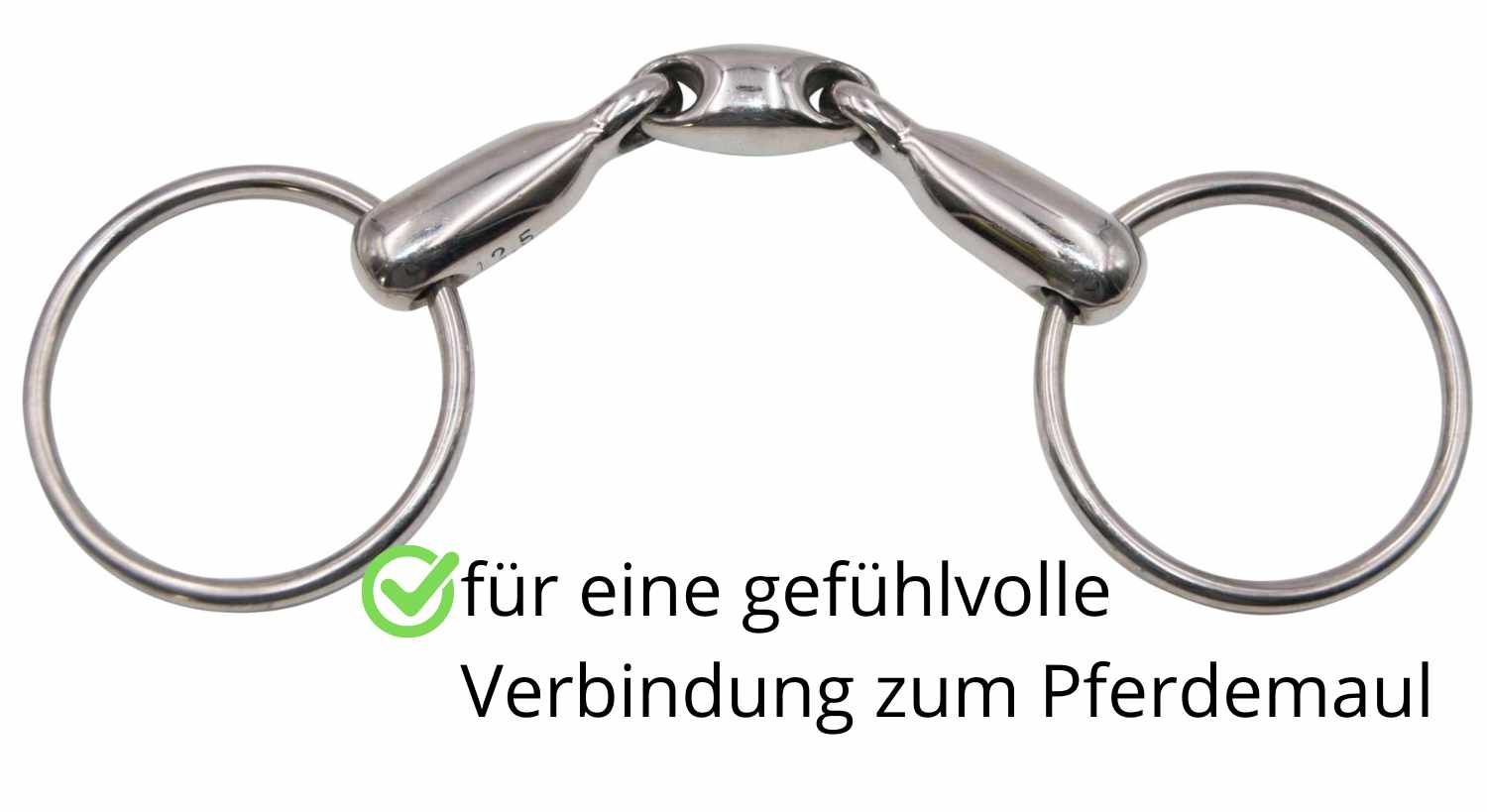 Edelstahl-Wassertrense mit Ringen. Text: für eine gefühlvolle Verbindung zum Pferdemaul.