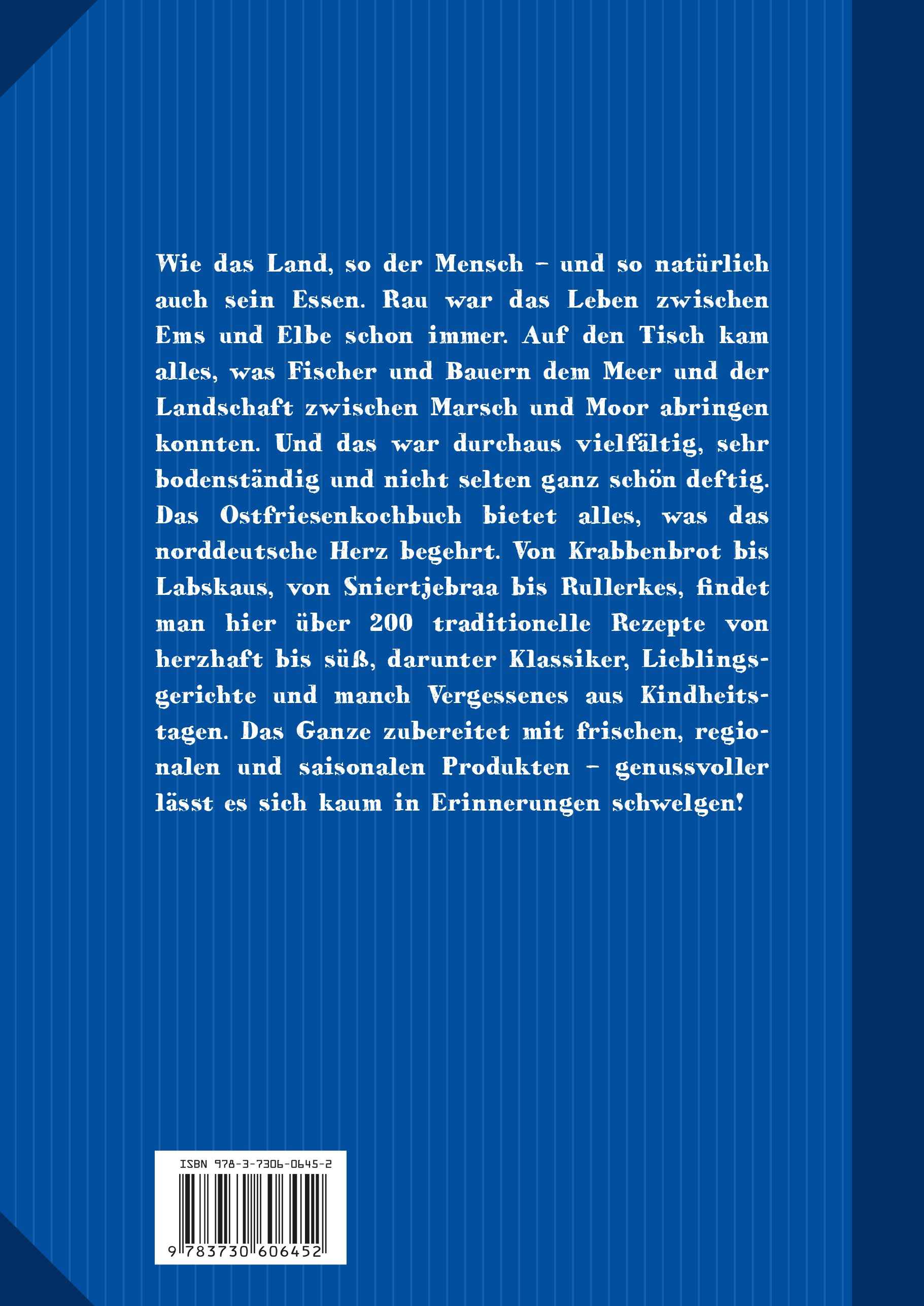 Rückseite des Buches "Das Ostfriesen Kochbuch". Blauer Hintergrund, Text über ostfriesische Küche, ISBN-Code.