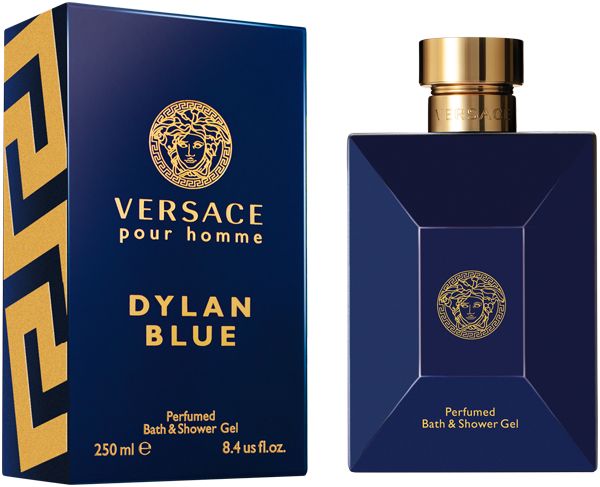 Dunkelblaue Flasche und Verpackung. Goldfarbenes Logo und Schriftzug "Versace pour homme Dylan Blue".