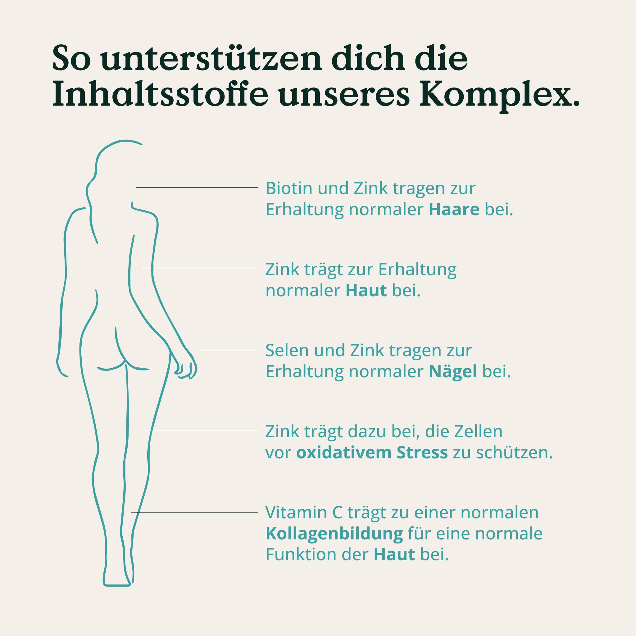 Grafik: Frau mit hervorgehobenen Körperteilen. Text: Inhaltsstoffe unterstützen Haare, Haut und Nägel. Beschreibungen zu Inhaltsstoffen.