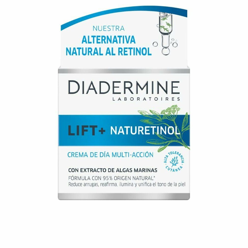 Diadermine Lift+ Naturetinol Tagescreme-Verpackung. Weißer Karton mit blauen und grünen Akzenten. Text: Diadermine, Lift+ Naturetinol, Creme de Día Multi-Acción.