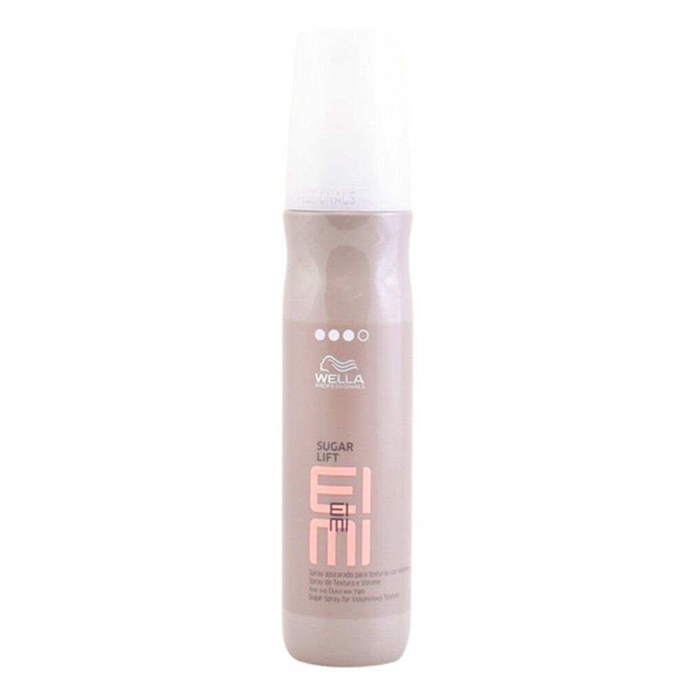 Haarspray-Flasche mit weißem Sprühkopf. Aufschrift: Wella Eimi Sugar Lift. Rosa und graue Farbgebung.
