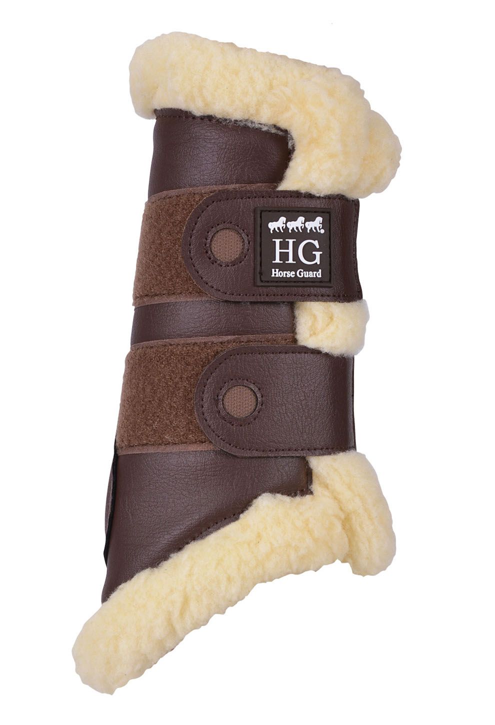 Braune Sehnenschoner mit Fellfutter und Klettverschlüssen. Logo "HG Horse Guard".