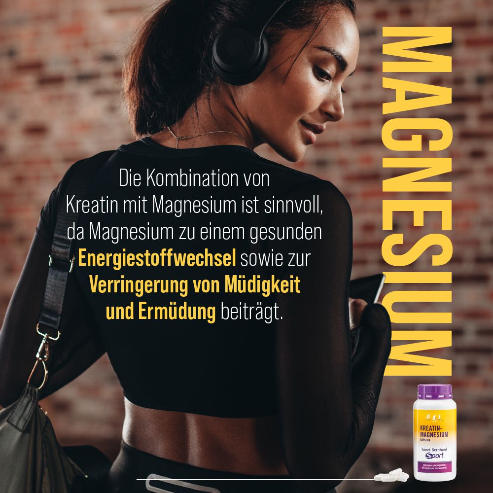 Eine Frau mit Kopfhörern und einer Flasche Kreatin-Magnesium-Kapseln. Text: Magnesium.