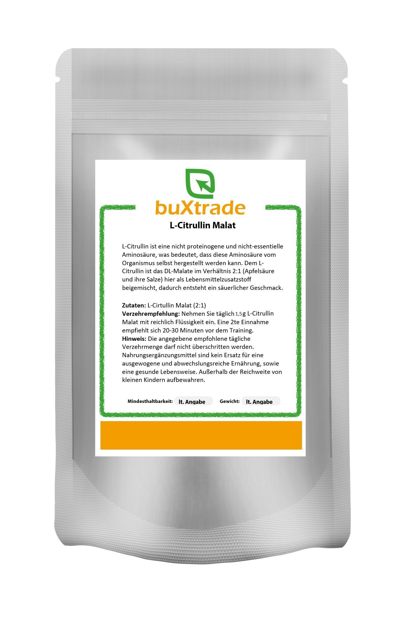 Beutel mit weißem Pulver. Etikett mit Produktinformationen und Logo von buXtrade. Text: L-Citrullin Malat.