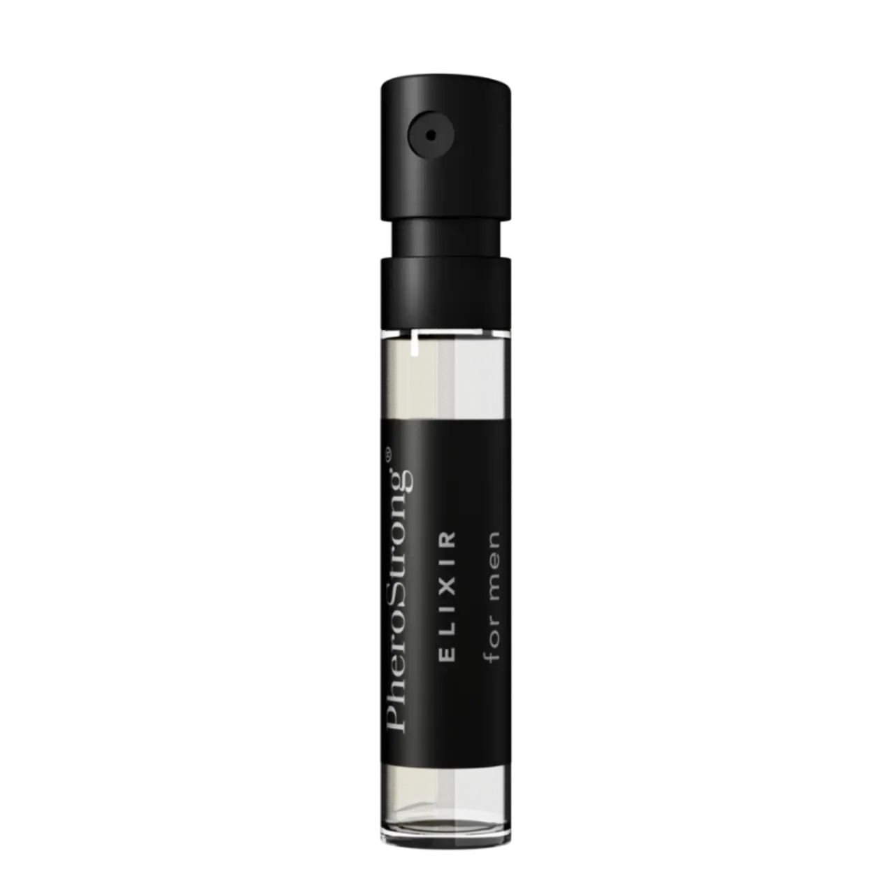 Elixier-Flakon für Männer. Schwarzer Deckel, transparente Flasche mit schwarzem Etikett. Aufschrift: PheroStrong ELIXIR for men.