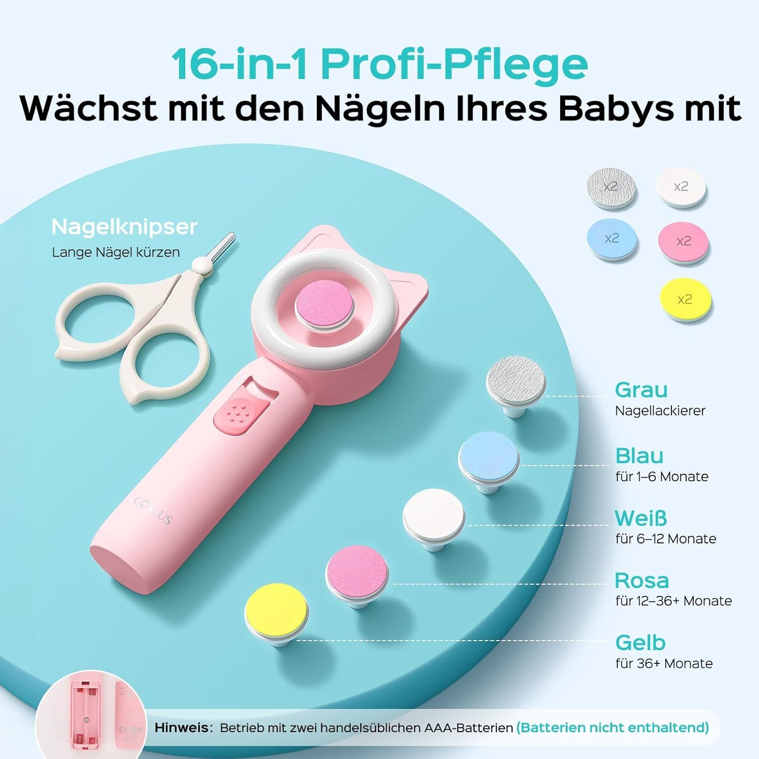 Rosa Nagelpflegeset mit Zubehör. Nagelschere, Schleifköpfe in verschiedenen Farben. Batteriefach.
