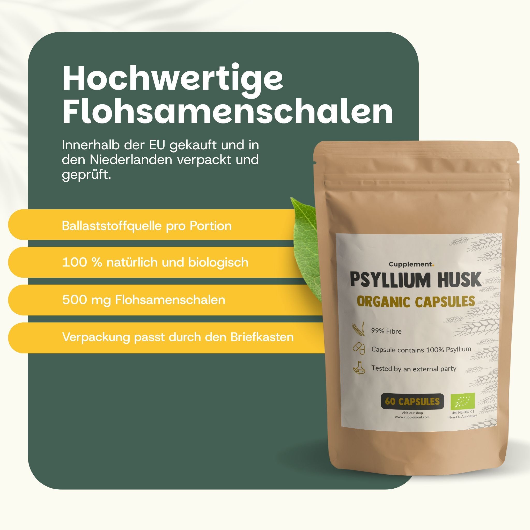Beutel mit Kapseln. Text: Psyllium Husk Organic Capsules, 99% Fibre, 60 Kapseln. 4 gelbe Häkchen.