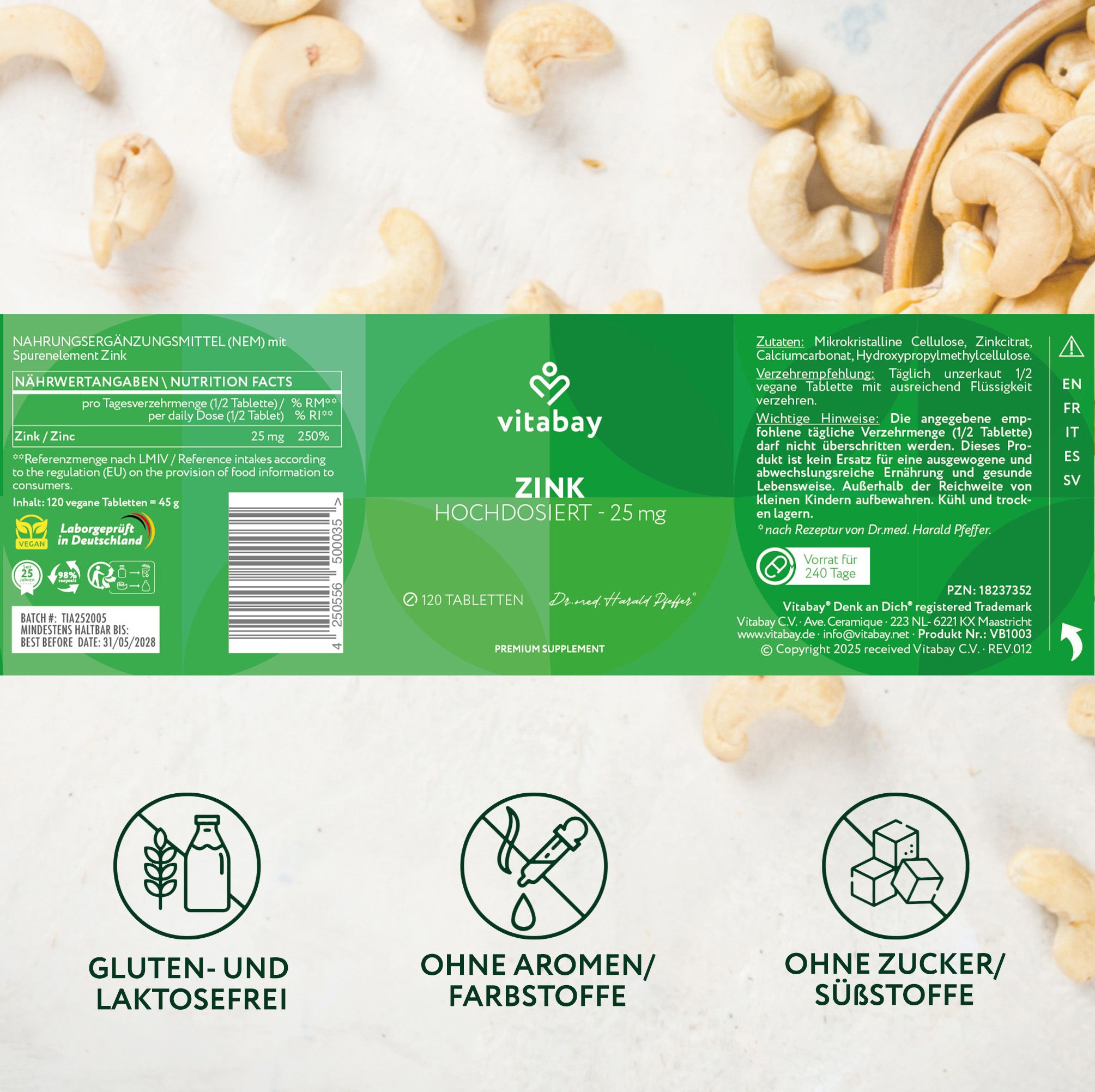 Rückseite der Vitabay Zink 25mg Verpackung. Text: 120 Tabletten. Nährwertangaben. Ohne Aromen/Farbstoffe. Ohne Zucker/Süßstoffe.