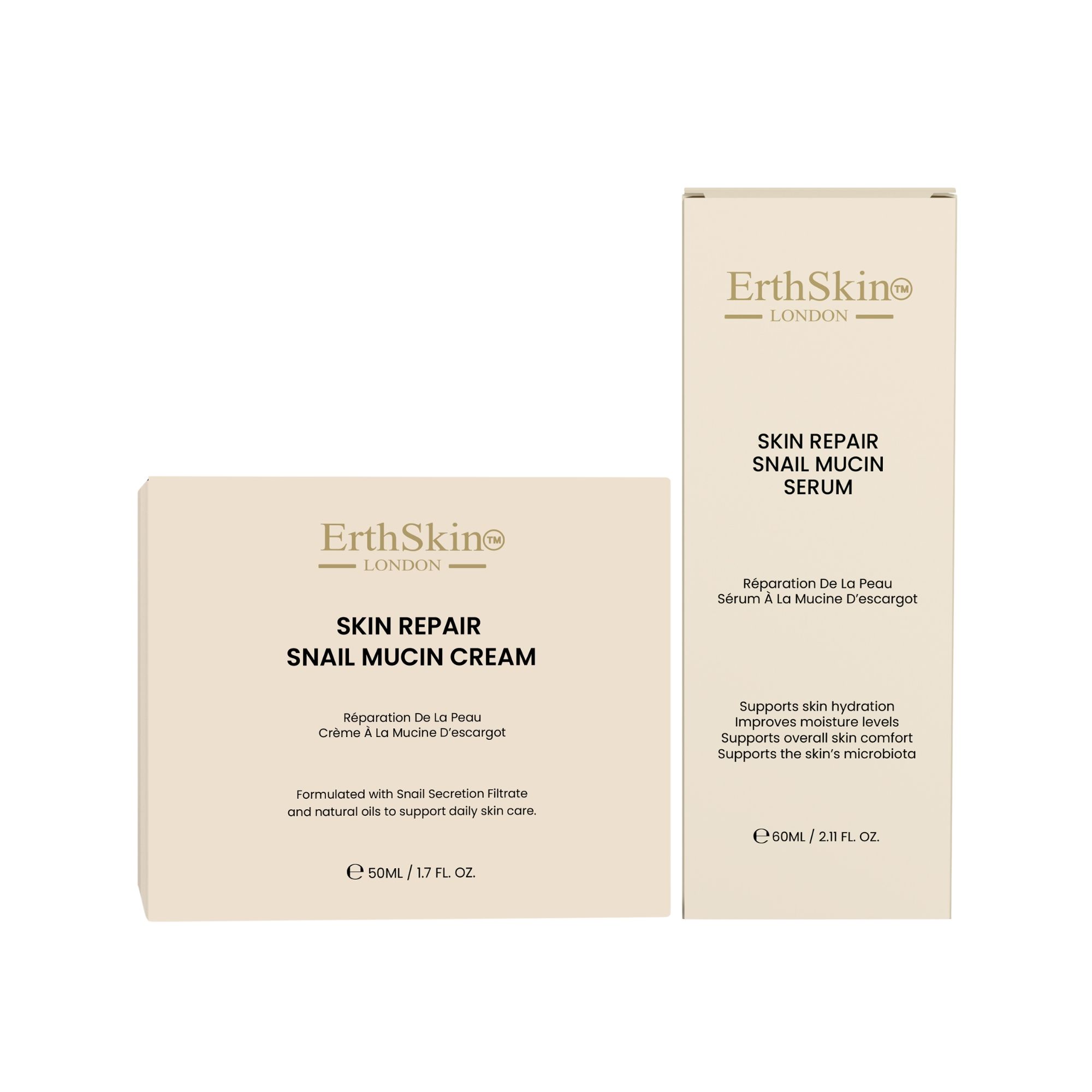 Verpackung der ErthSkin London Hautregenerationscreme und des Schneckenserums.