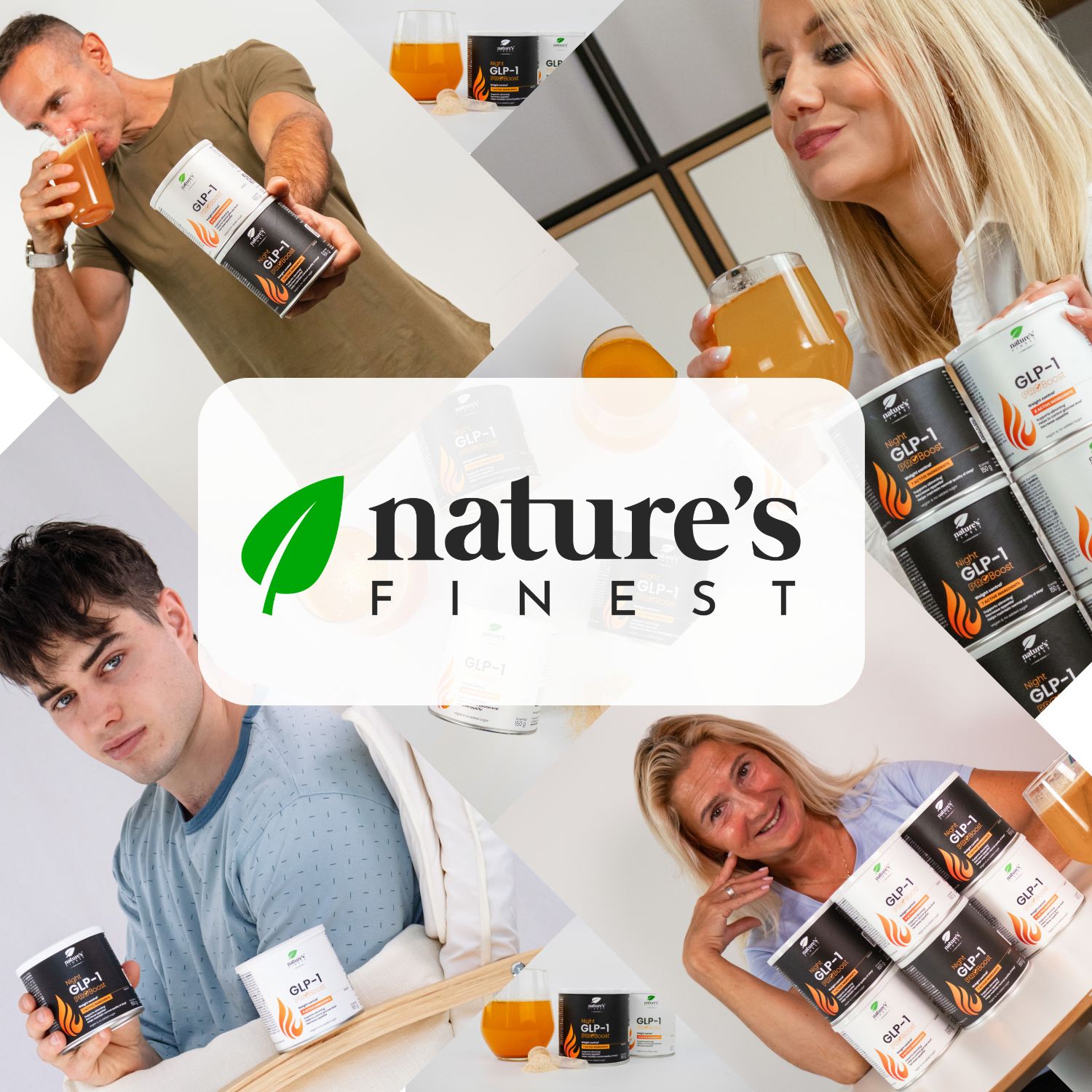 Collage mit Personen, die GLP-1 ProBoost-Dosen und Getränke halten. Nature's Finest Logo im Zentrum.