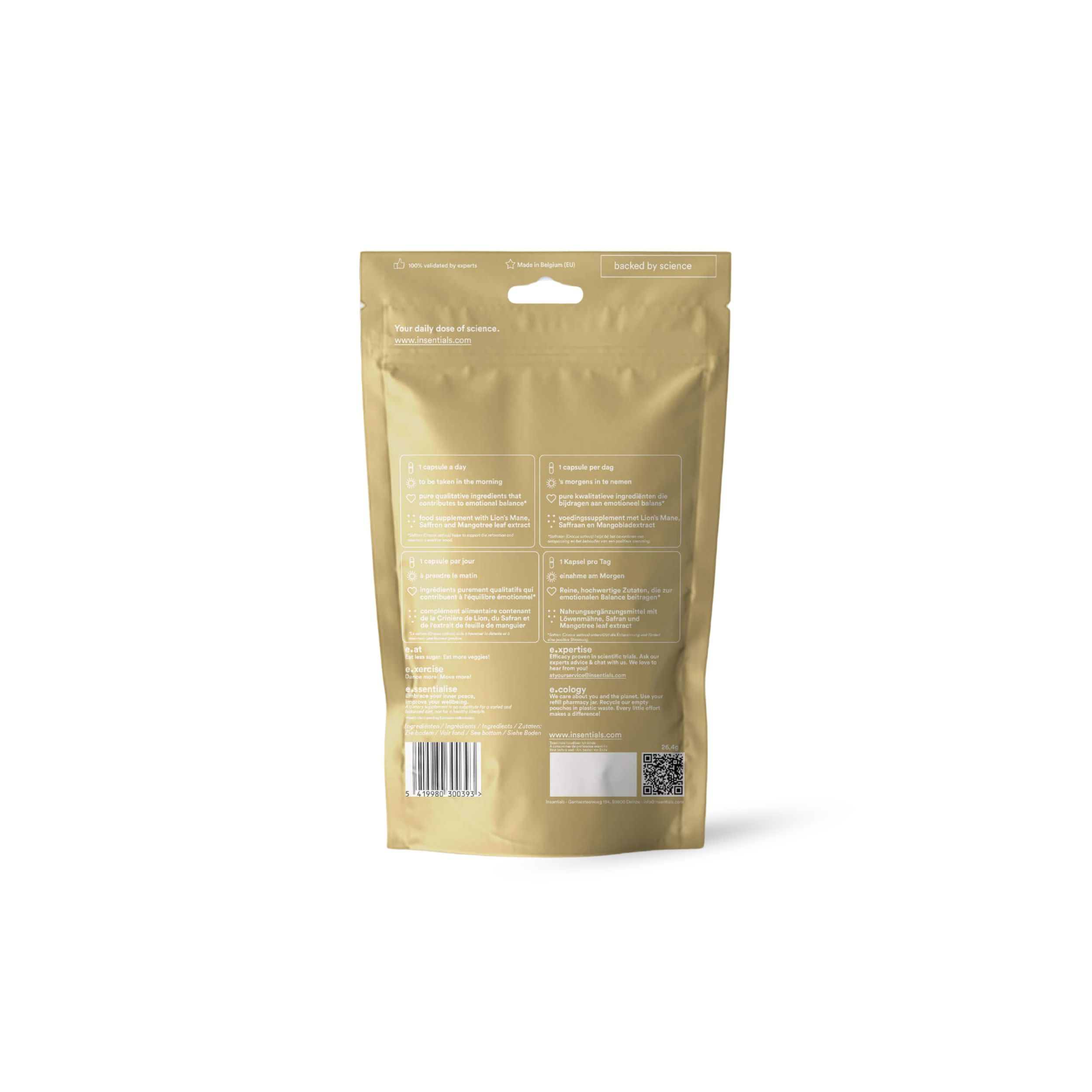 Rückseite des Beutels mit NRM3+. Goldfarbene Verpackung mit Text und Barcode. Informationen zum Produkt.
