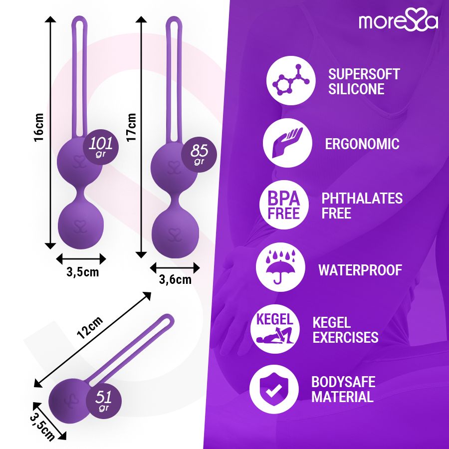Drei lila Kegel-Kugeln mit Größenangaben. Aufschriften: SUPERSOFT SILICONE, ERGONOMIC, BPA FREE, WATERPROOF, KEGEL EXERCISES, BODYSAFE MATERIAL. Marke: more❤️sa.