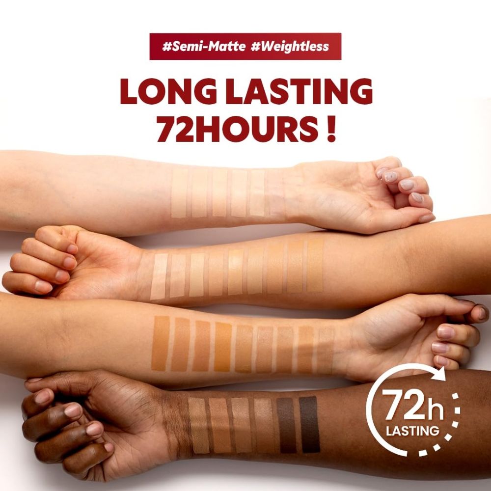 Arme mit verschiedenen Hauttönen, auf denen Make-up-Swatches aufgetragen sind. Text: Long Lasting 72 HOURS!