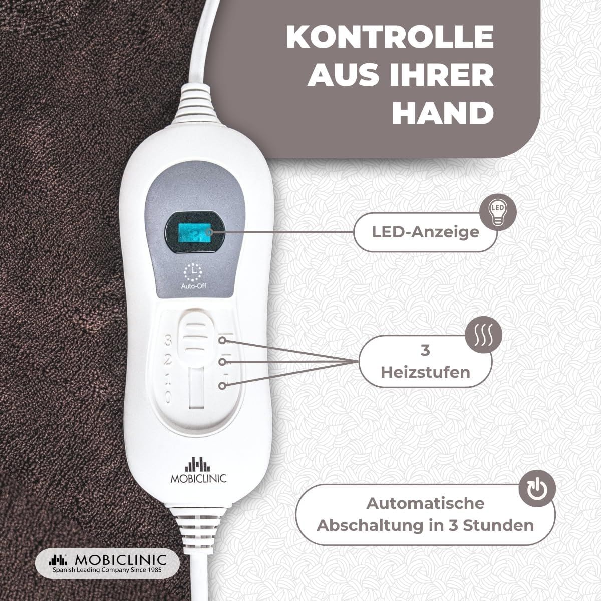 Weiße Fernbedienung für elektrische Heizdecke mit LED-Anzeige, 3 Heizstufen, Abschaltautomatik.