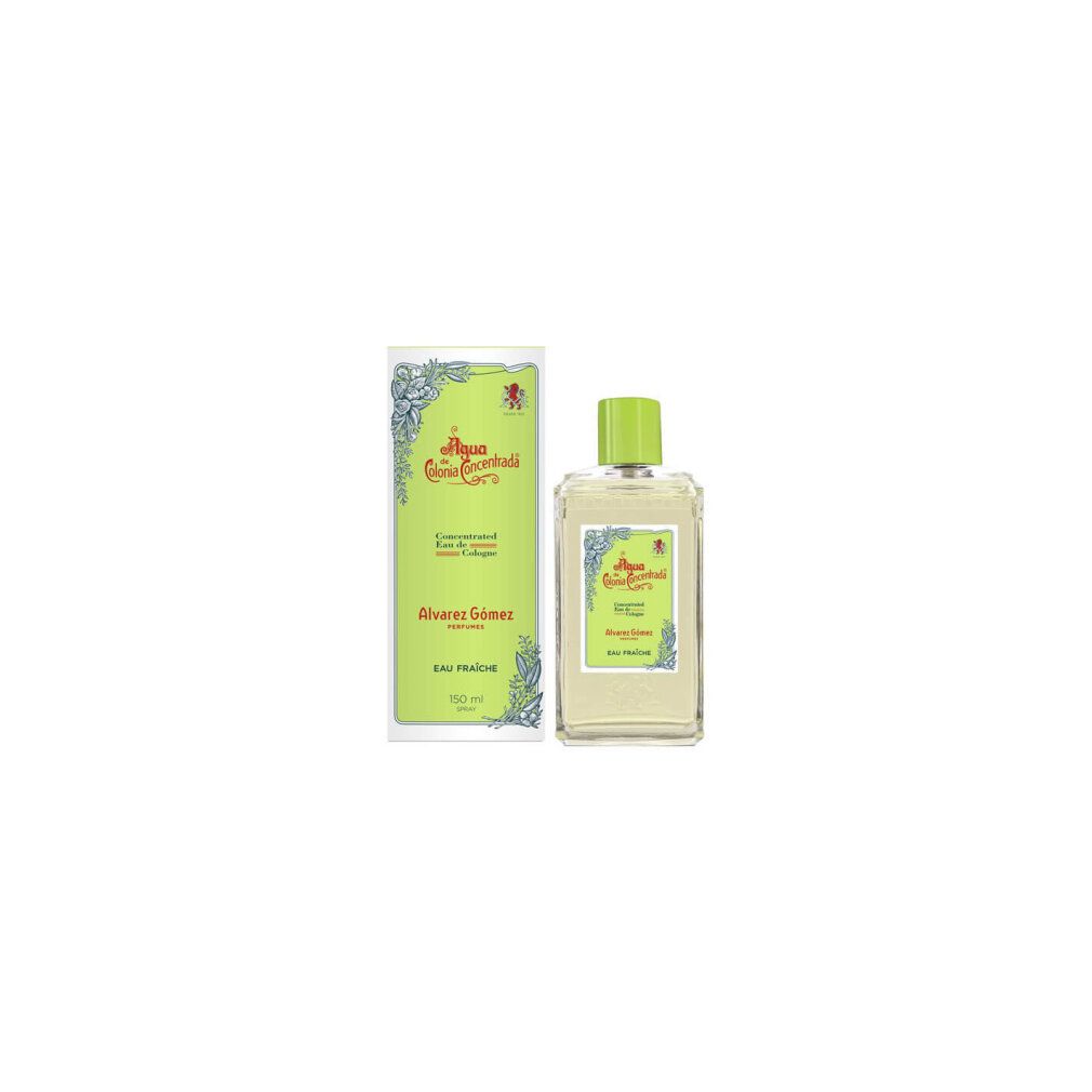 Alvarez Gómez Eau de Cologne Flakon und zylindrische Schachtel. Grün-weißes Etikett, grüne Kappe. Aufschrift: Eau Fraîche.
