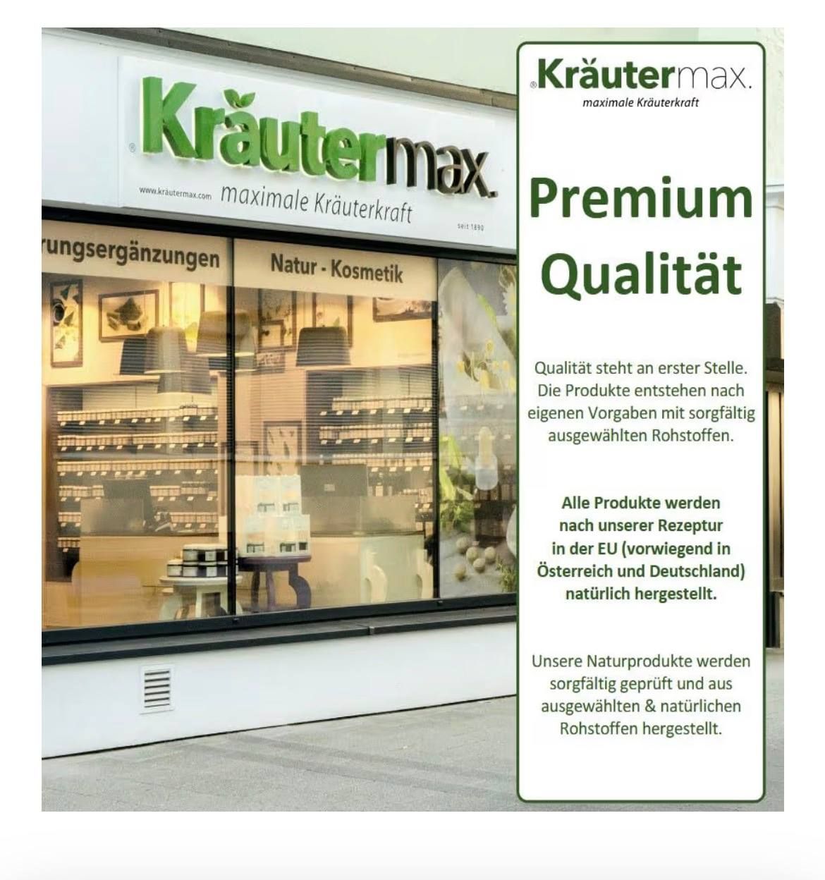 Fassade der Kräutermax Drogerie mit 'Premium Qualität' Aufschrift und Produktregalen im Inneren.