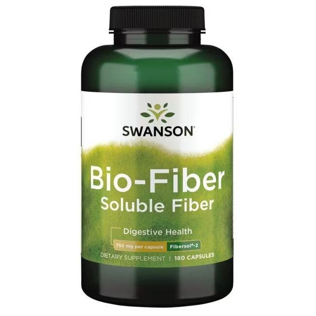 Grüne Flasche mit weißem Etikett. Aufschrift: SWANSON Bio-Fiber, lösliche Ballaststoffe. 750 mg pro Kapsel, 180 Kapseln.