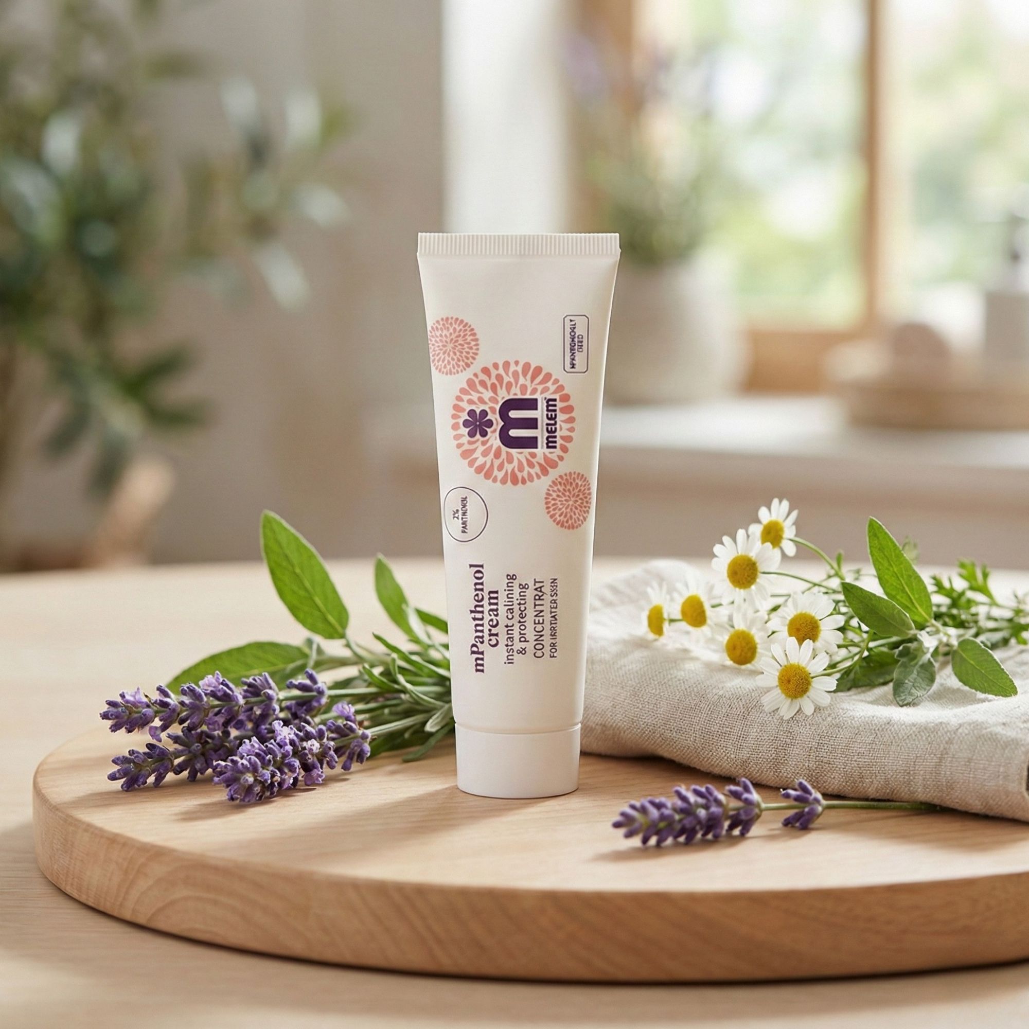 Creme-Tube mit Produktnamen und Logo. Auf Holzbrett mit Lavendel, Kamille und Salbei.