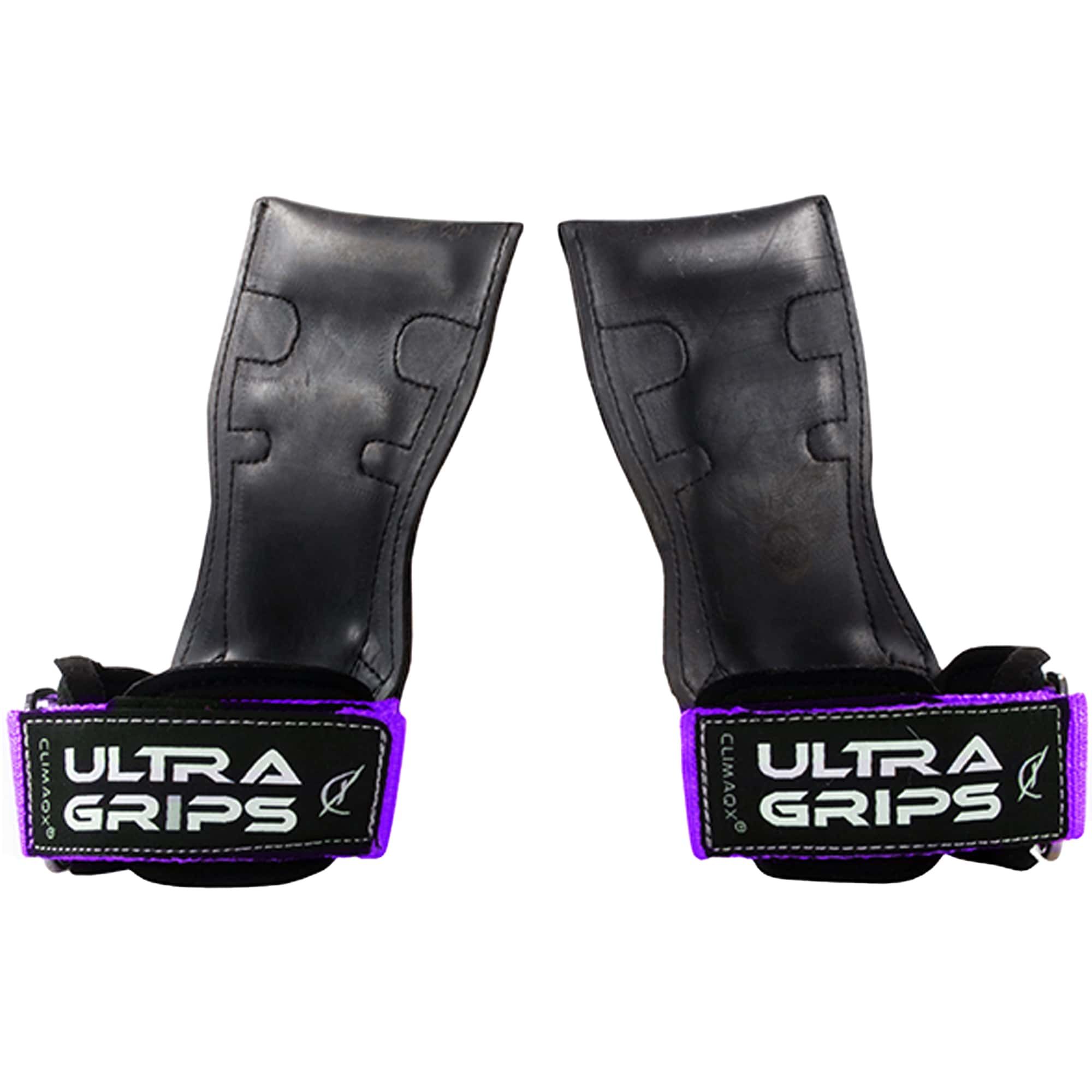 Zwei schwarze Trainingsgriffe mit lila Handgelenkriemen. Auf den Riemen steht "ULTRA GRIPS".