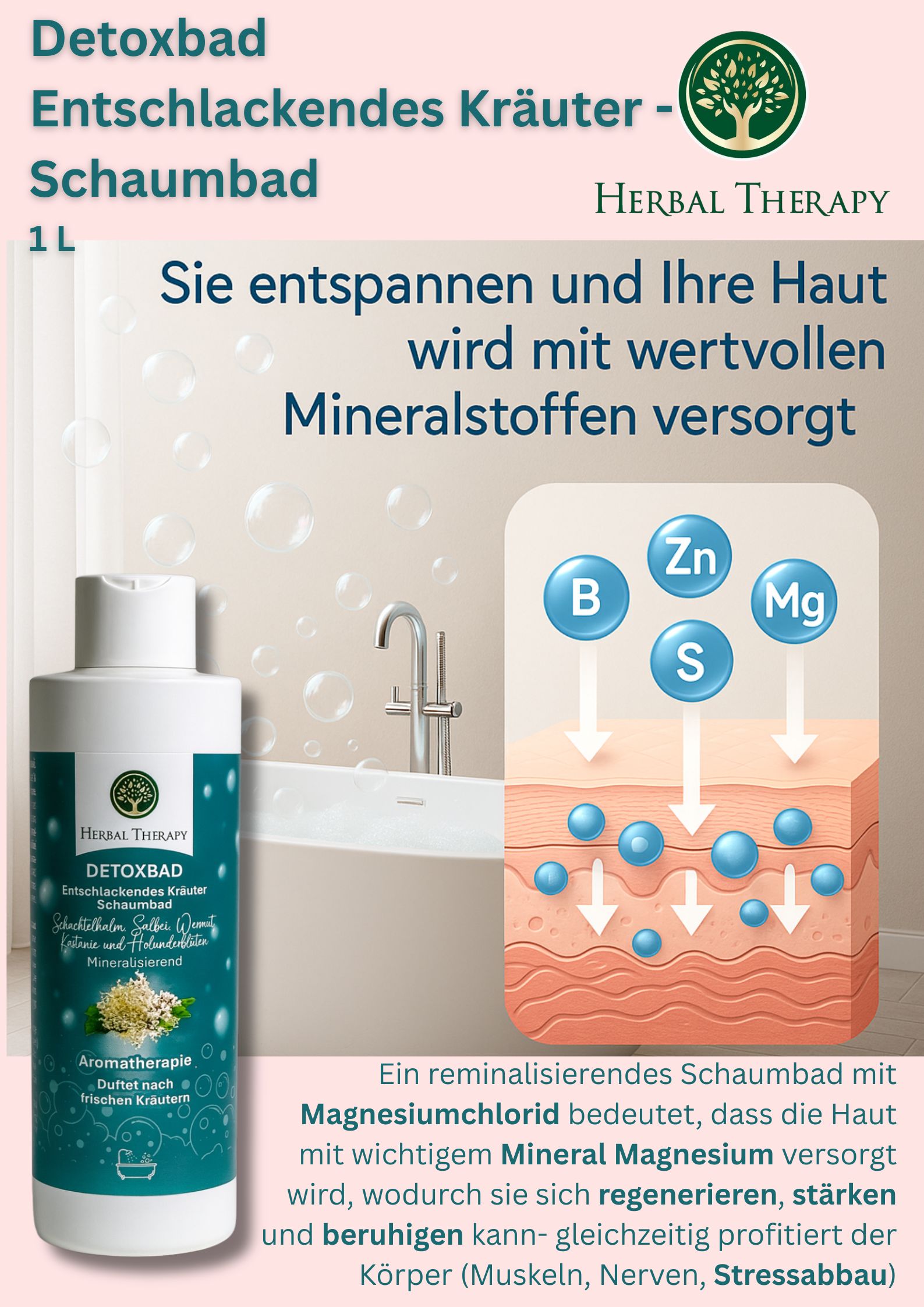 Grüne Flasche mit weißem Deckel. Etikett mit Produktname, Kräutern und Logo. Text: Detoxbad, Kräuter Schaumbad, Aromatherapie. 1L.