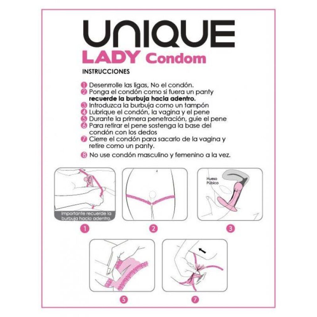 Gebrauchsanweisung für Uniq Lady Kondome mit illustrierten Schritten.