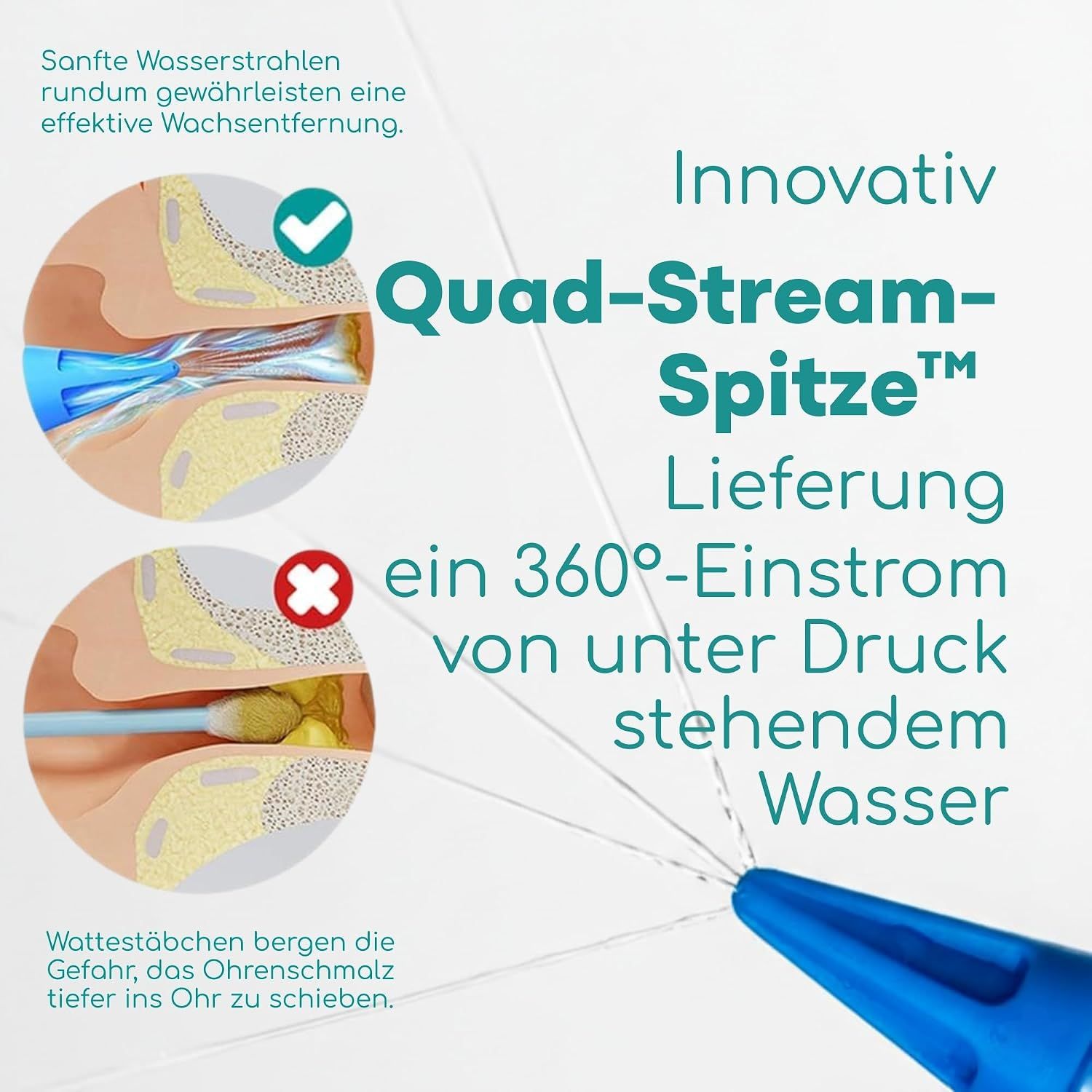 Vergleich von Ohrreinigungsmethoden: Quad-Stream-Spitze vs. Wattestäbchen.