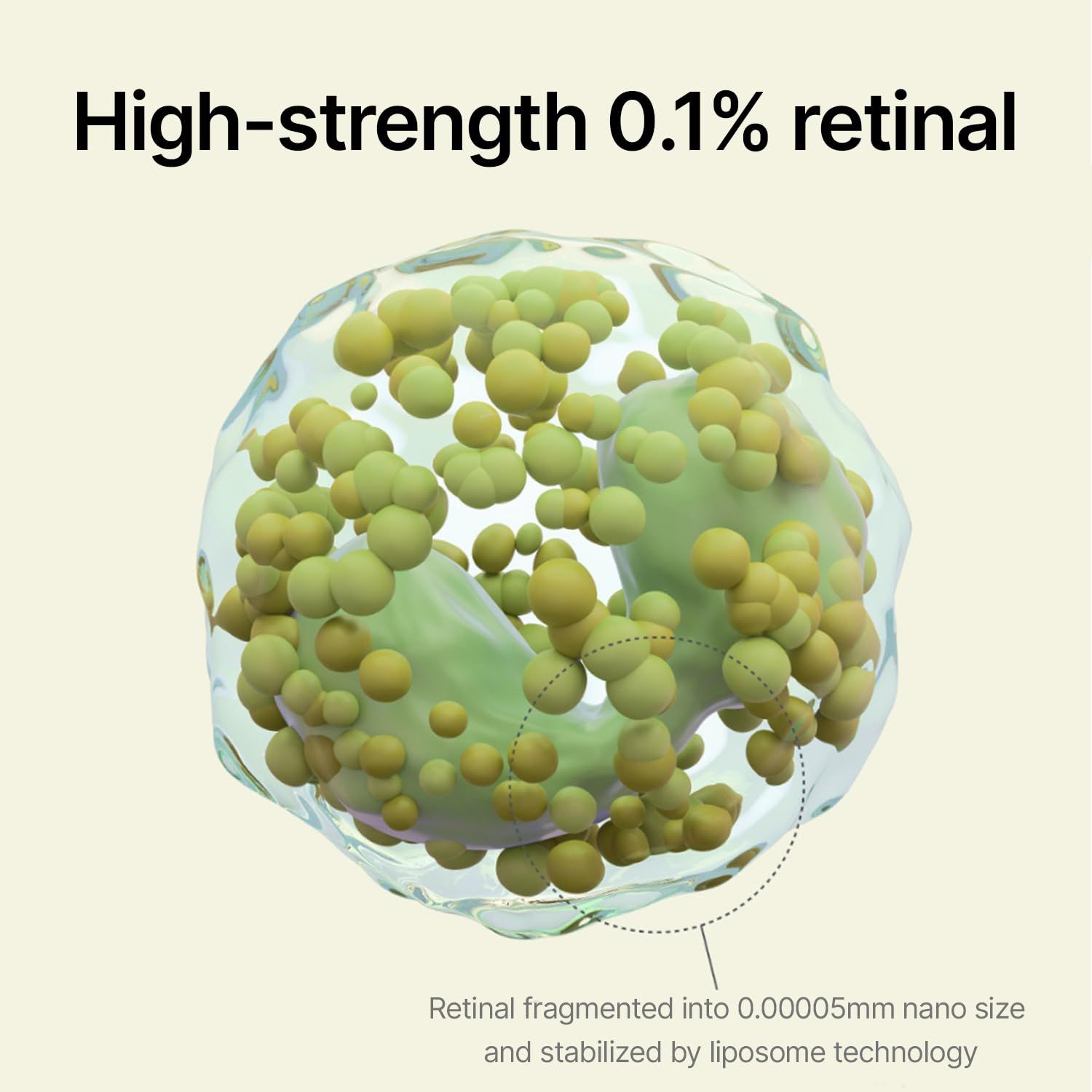 Nahaufnahme einer Zelle mit Retinal-Partikeln. Text: High-strength 0,1% retinal. Stabilisiert durch Liposomen-Technologie.